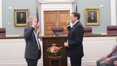 photo of Governor Chris Sununu swearing in Patrick Donovan as an Associate Justice of the New Hampshire Supreme Court